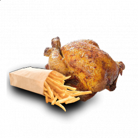 Ganzes gegrilltes Hähnchen mit Pommes