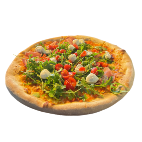 Pizza mit Büffelmozzarella, Parma, Rucola und Cocktailtomaten