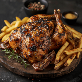 Pui întreg la cuptor și cartofi prăjiți