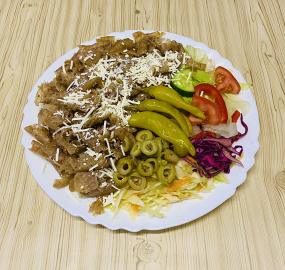 18. MALÝ TALÍŘ KEBAB ISTANBUL( kebab maso, ledový salát, zelí,rajčata,okurky,paprika,cibule,dresing sýr, olivy,feferonky s turec