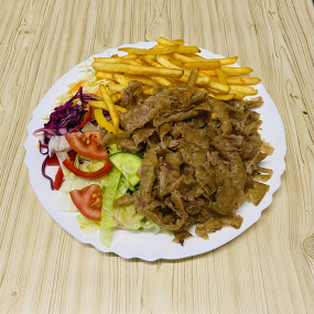 21. VELKÝ TALÍŘ KEBAB S HRANOLKY (kebab maso, ledový salát, zelí,rajčata,okurky,paprika,cibule,dresing s hranolky) 