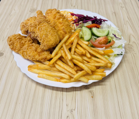  53. MALÝ TALÍŘ STRIPSY (4 ks Obalovaný kuřecí stripsy,salát,hranolky,dresing)    