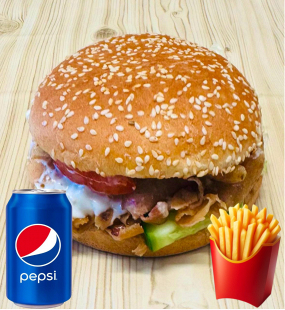 45.KEBAB BURGER + hranolky+nápoj 0,33 l (kebab maso,ledový salát,rajčata,okurka,hranolky,dresing)