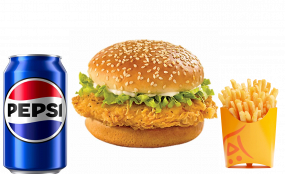 46. STRIPS BURGER + hranolky+nápoj 0,33 l (Obalovaný kuřecí stripsy,ledový salát,rajčata,okurka,hranolky,dresing)