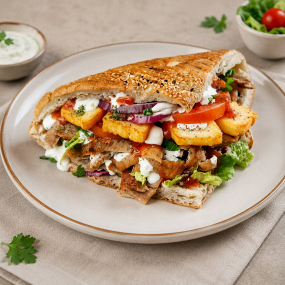 38. HALLOUMI DÖNER (halloumi sýr, kebab maso, ledový salát, zelí,rajčata,okurky,paprika,cibule,dresing v tureckém chlebu)