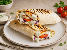 42. HALLOUMI DÜRÜM VEGETARIÁNSKY (halloumi sýr, ledový salát, zelí,rajčata,okurky,paprika,cibule,olivy a dresing v tortille)