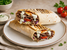 39. HALLOUMI DÜRÜM (halloumi sýr, kebab maso, ledový salát, zelí,rajčata,okurky,paprika,cibule,dresing v tortille)