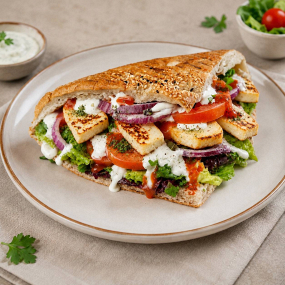 41. HALLOUMI DÖNER VEGETARIÁNSKY (halloumi sýr,ledový salát, zelí,rajčata,okurky,paprika,cibule,olivy a dresing v tureckém chleb