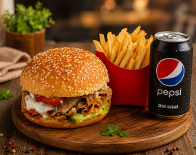 45.KEBAB BURGER + hranolky+nápoj 0,33 l (kebab maso,ledový salát,rajčata,okurka,hranolky,dresing)