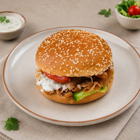 43. KEBAB BURGER (kebab maso,ledový salát,rajčata,okurka,dresing)