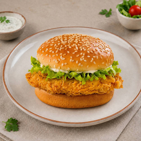 44. STRIPS BURGER (Obalovaný kuřecí stripsy,ledový salát,rajčata,okurka,dresing)