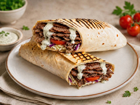 11. DÜRÜM KLASIK SE SÝREM ( kebab maso, ledový salát, zelí,rajčata,okurky,paprika,cibule,dresing v tortille a sýr )
