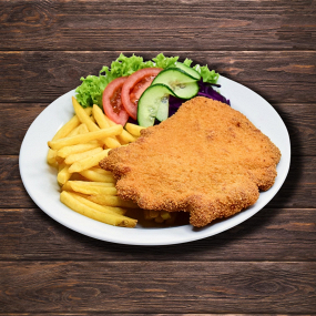 Vyprážaný kurací rezeň s hranolkami/ ryžou/ batátovými hranolkami