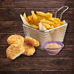 Camembert syrové kúsky s hranolkami/ ryžou /batátovými hr. a dressingom