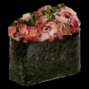 Gunkan tartare de thon , oignons rouges , sauce spicy