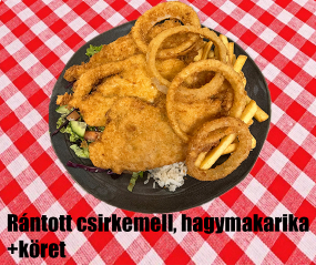 Rántott csirkemell + hagymakarika + köret