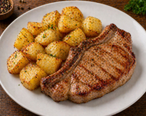 Cotlet de porc cu cartofi si sos (gorgonzola/piper/usturoi)