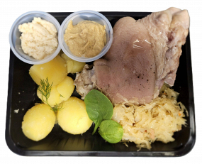 Golonko, małe Ziemniaki,  kapusta Zasmażana,  musztarda, chrzan