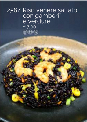 258/ Riso venere saltato  con gamberi*  e verdure