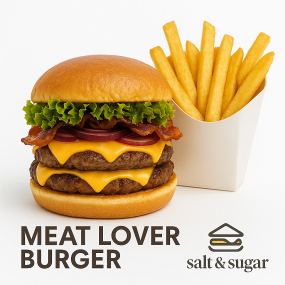 Meat lover Burger mit Pommes