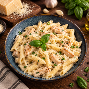 Penne s kuřecím masem a se sýrovou omáčkou