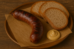 Domácí klobása , hořčice , chléb