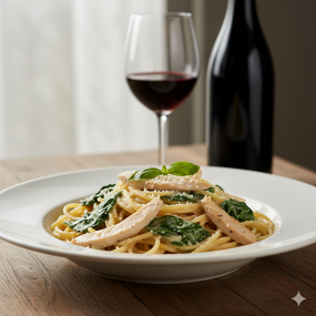 Špagety s kuřecím masem, smetanou a špenátem