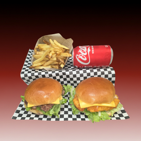 Duo Burger (Burger chicken, burger boeuf, frites maison, boisson 33cl)