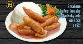 16. Smažené kuřecí kousky ve sladkokyselé omacce s rýží