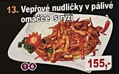 13.Vepřové nudličky v pálivé omáčce s rýží 