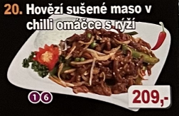 20. Hovězí sušené maso v chilli omáčce  s rýží 