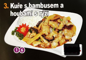 3. Kuře s.bambusem a houbami s rýží 