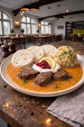 6) Svíčková omáčka na smetaně z hovězího masa s brusinkami, šlehačkou a variací knedlíků 