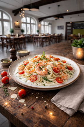 19) Tagliolini s krevetami a cherry rajčátky ve smetanové omáčce  s parmezánem 