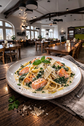  18) Tagliolini s lososem, špenátem a parmezánem 