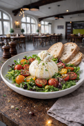 23) Šťavnatý salát s burratou, olivovým olejem, cherry rajčaty a  pečivem