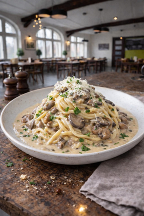 22) Tagliolini s houbovou omáčkou a parmezánem 