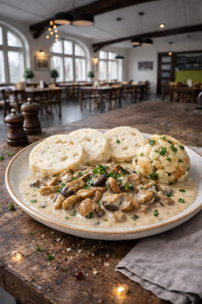 21) Houbový guláš z hříbků s variací knedlíků 