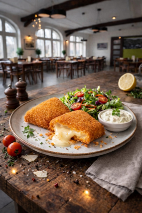 20) Smažený sýr, podávaný se salátkem a domácí tatarskou omáčkou