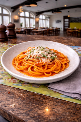 25) Tagliolini s rajčatovou omáčkou a sýrem