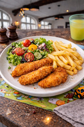 24) Obalované kuřecí řízečky s hranolky a salátkem 