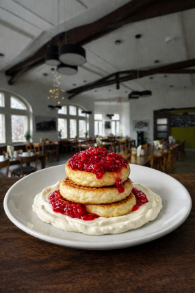 26) Tvarohové lívance se zakysanou smetanou a malinovým džemem 