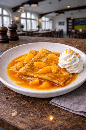 27) Crêpes Suzette (palačinky s pomerančovou omáčkou) se šlehačkou 