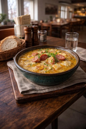 1 M) Poctivá zelná polévka s klobásou a smetanou, pečivo 0,33l 