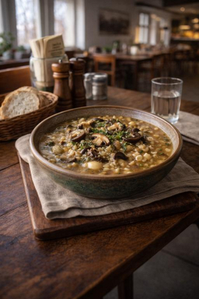 2 M) Kroupová polévka s houbami, vegetariánská 0,33l 