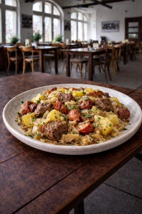 5 M) Selská bašta s chlebem (brambory, hovězí maso, klobása, zelí) 300 g 