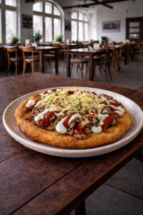 7 M) Langoš s trhaným masem, tatarskou omáčkou, kečupem a sýrem 300g.