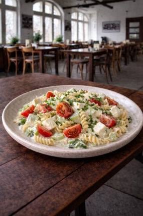 9 M) Těstovinový salát s hermelínem (cherry rajčata, okurka, ledový salát, jogurtový dip) 300g.