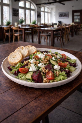 10 M)  Salát s kozím sýrem, červenou řepou a ořechy, bageta (mix salátů, cherry rajčata, okurka, paprika, olivový olej) 300g.