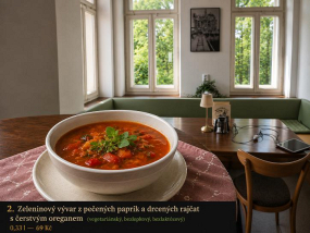 2 M) Zeleninový vývar z pečených paprik a drcených rajčat s čerstvým oreganem (vegetariánský, bezlepkový, bezlaktózový)0,33 l
